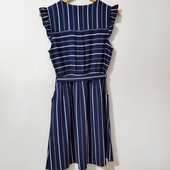 MONTEAU Sheath Dress Ruffles Stripes Blue L - Picture 5 of 6